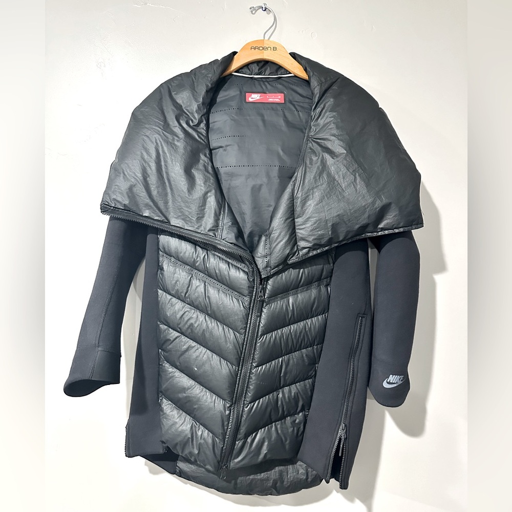 Nike Jackets & Coats | Nike Down Hooded Asymmetrical Zip Puffer Jacket In Black